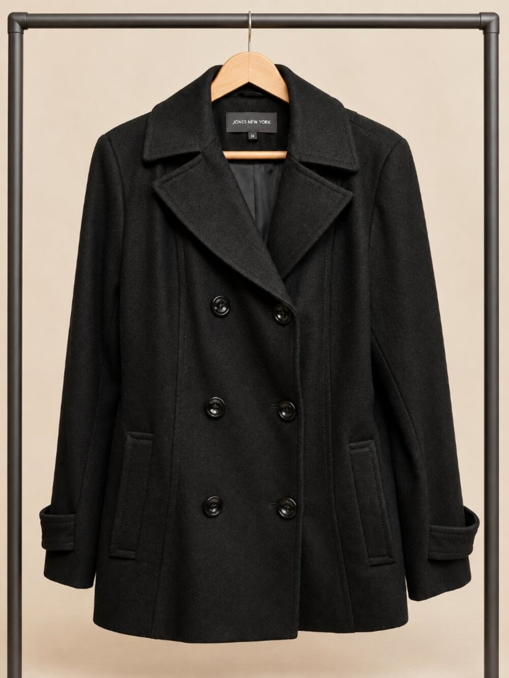 Jones New York Black Wool Blend Double Breasted Peacoat Jacket Size 14